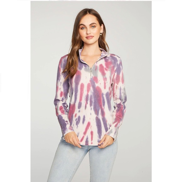 Chaser Tie Dye Sweatshirt Quarter Zip Burgundy Cream Pink Top Size XS - Picture 4 of 14